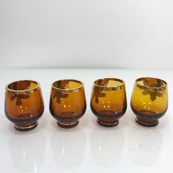 Bohemian Amber Glass Gold Gilding Raised Hand Painted Floral Design Shot Glasses - Picture 9 of 12
